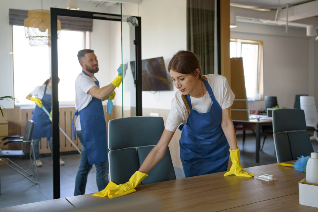 professional cleaning service people working together office