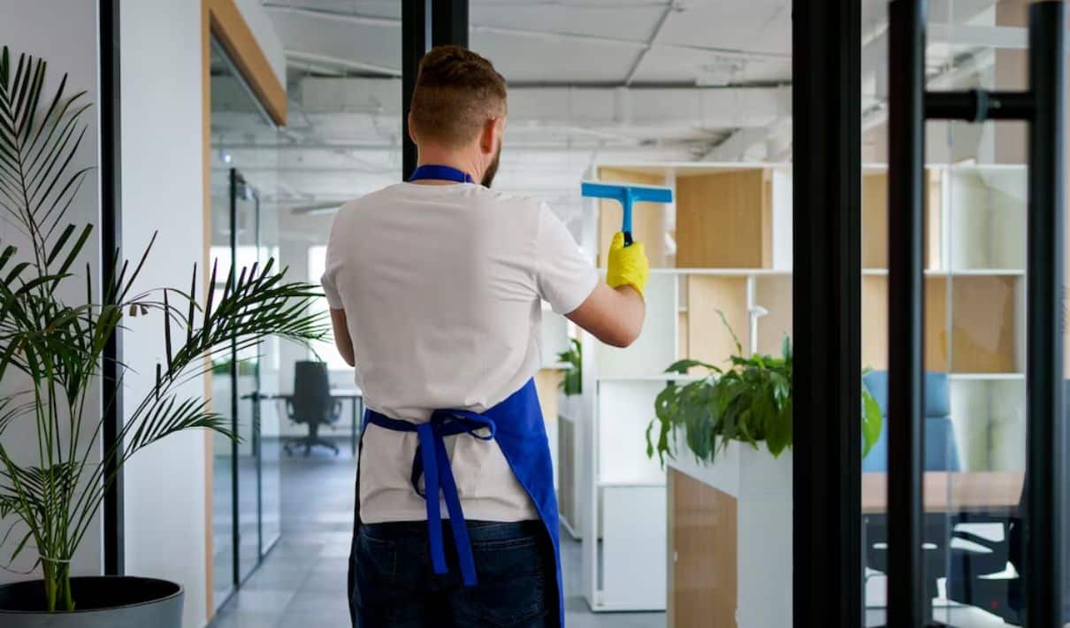 Professional cleaners sanitising office desks Business Bay Dubai